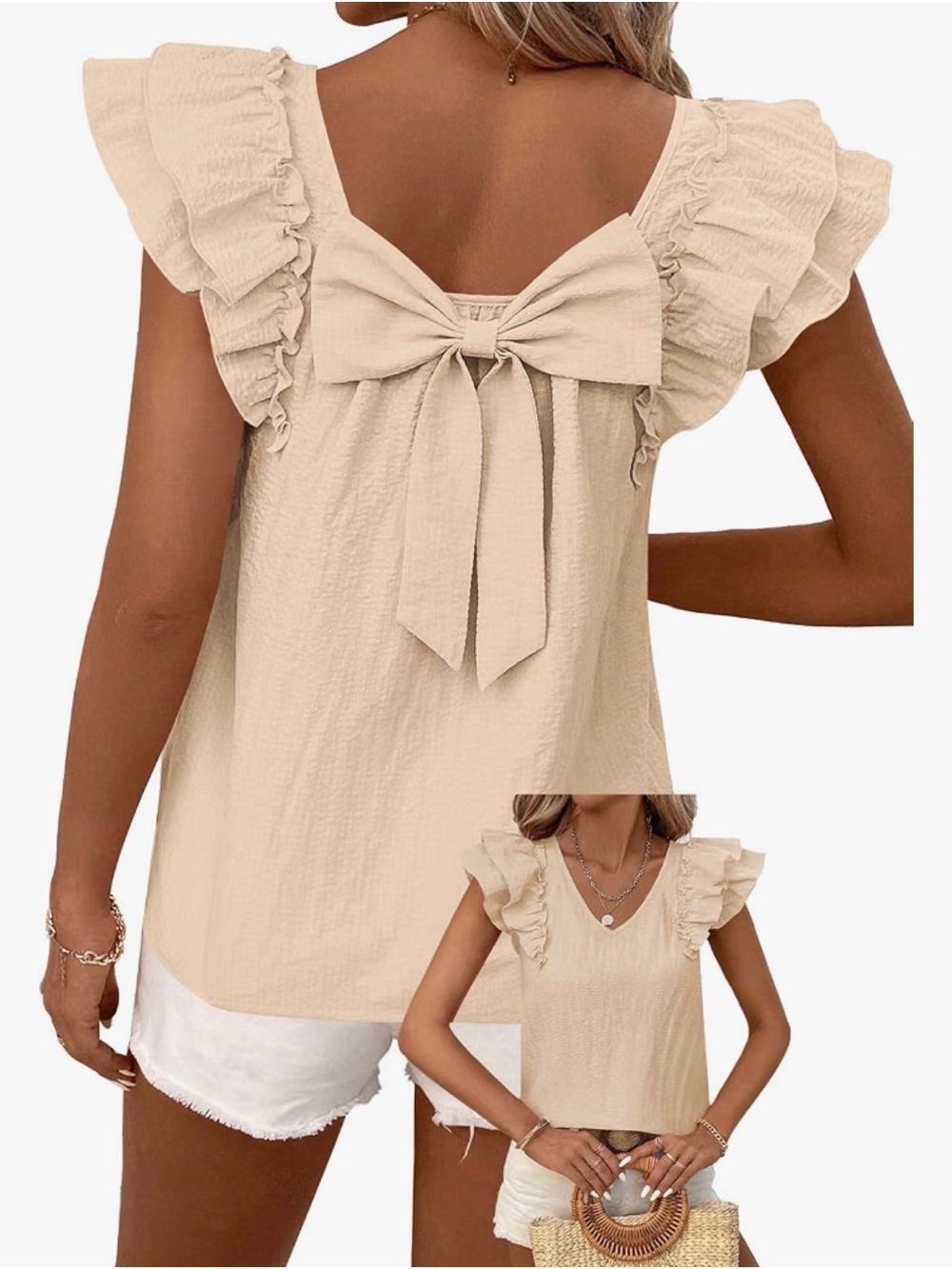 New Apricot Ruffle Bow Back Flowy Babydoll Top - Size M